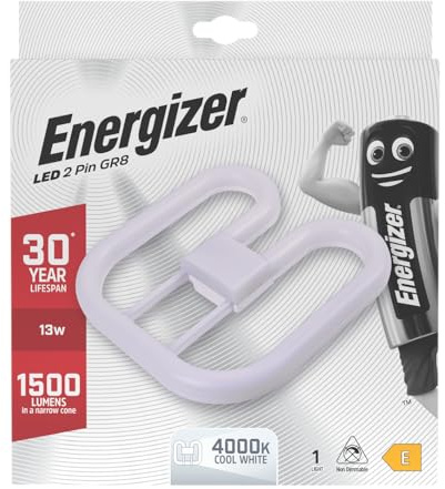 Energizer LED 2D Lamp, GR8 2 Pin Base, 13W=28W, 1500 Lumens, 4000K Cool White, 30000 Hours