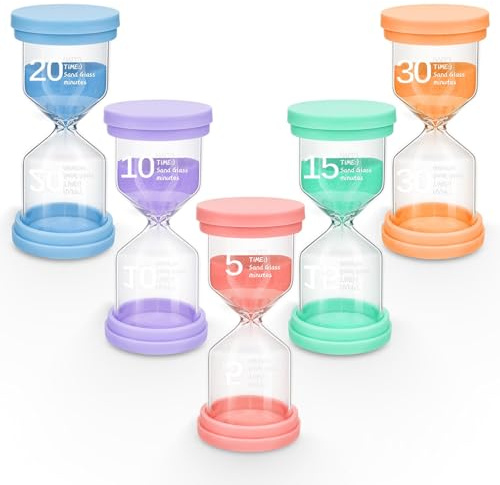 PlsMupn Lot de 5 Sabliers Colorés pour Enfants, Minuteur Sablier de 5/10/15/20/30 Min, Kit de Sablier pour Brossage, Jeux, Cuisine, Bureau, Apprentissage et Exercice