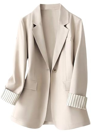 GORGLITTER Blazers for Women Open Front Long Sleeve Lapel V Neck Striped Cuff Light Weight Business Dressy Work Suit Jackets Apricot XL