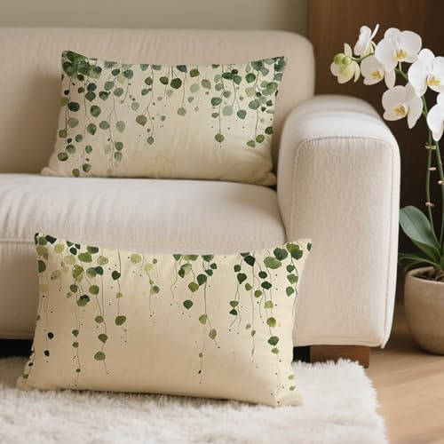 Kissenbezug 30x60 cm 2er Set Einfachheit Outdoor Kissen Rechteckig, Outdoor Wetterfest Kissenbezüge mit Unsichtbarem Reißverschluss, Leinen Sofakissen Blatt Kopfkissenbezug für Deko Wohnzimmer Q-5533