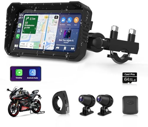 4K Carplay Android Auto Moto 6,25 Pouces pour Carplay Moto avec Dashcam Voiture Avant Arriere, GPS Moto avec WiFi, Navigation GPS, Télécommande, Siri, G-oogle Assistant, Bluetooth, Carte TF 64G