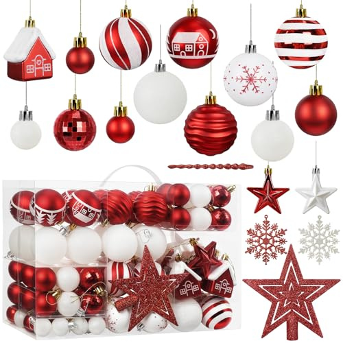 105pcs Weihnachtskugel Ornamente Set, Verschiedene Weihnachtskugeln | mit Baumspitze Stern, Kunststoff Christbaumschmuck für Weihnachtsbaum Hängende Dekorationen Festival Party Feiertag