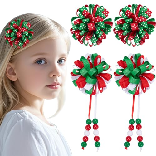 WADORN 4 pince à Cheveux en Ruban Bouclé de Noël Barrettes en Alligator Bouclées Ruban Gros Grain Boule de Fleurs Rouge Vert Blanc Faites à la Main pour Fêtes de Fin D'Année Accessoires