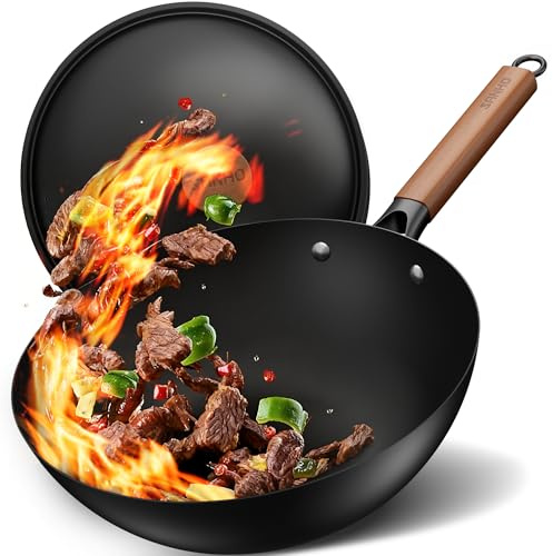 Sanho 12.6/32cm Carbon Steel Wok Pan, 5QT Nonstick Wok with Lid, No Seasoning Required & 0 Coating, Compatible with All Cooktops & Utensils for Healthy Stir Frying, Frying, Boiling, Steaming