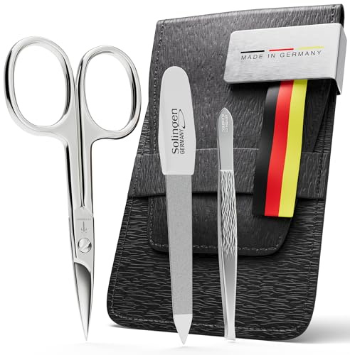 SCHWERTKRONE® Manikyrset [INKL. ETUI] – 3-delad nagelsaxsats i rostfritt stål – nageletui för kvinnor och män – nagelsax, nagelfil och pincett – Made in Solingen