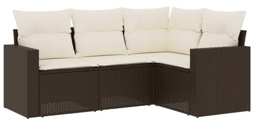QJBSAVVA 4-TLG. Garten-Sofagarnitur mit Kissen Braun Poly Rattan Sofa Set, Modular Lounge Set aus PE-Rattan und Stahl für Garten, Terrasse und Innenhof