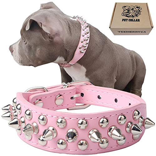 TEEMERRYCA Adjustable Leather Spiked Studded Dog Collars with a Squeak Ball Gift for Small Medium Large Pets Like Cats/Pit Bull/Bulldog/Pugs/Husky, Pink, L(15-18.5)