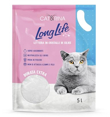 Cat&Rina Long Life Silica, Silikat Katzenstreu. Super saugfähig, bakteriostatisch und antiallergen. Staubfreie, Katzenstreu Klassisch | 5 l