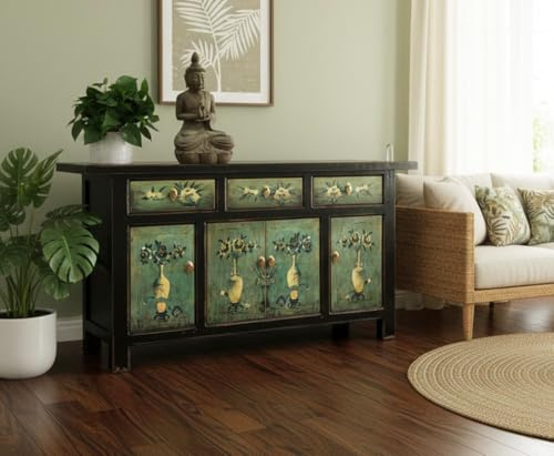 OPIUM OUTLET Kommode Sideboard Schrank Anrichte Buffet chinesisch asiatisch orientalisch Vintage Shabby grün-schwarz