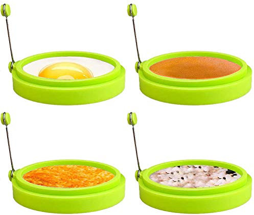 HengLiSam 4 Stück Eierringe zum Braten, 10,2 cm, Antihaft-Silikon-Spiegeleierring-Formen, Runder Eierring zum Kochen Perfekter Eier-Pfannkuchen, Hitzebeständiger Handgriff-Form (Grün)