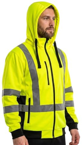NEO TOOLS Säkerhetsjacka för män med reflekterande ränder, varningsskyddsjacka med huva, ståkrage, innerfoder fleece, tröja, arbetsjacka, varningsjack