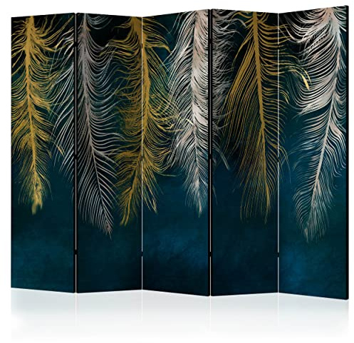 decomonkey Paravent Raumteiler Innen Abstrakt 225x172 cm 5 Teilig Einseitig Room Divider Wall Raumteiler Stehend Trennwand Sichtschutz Spanische Wand Sichtschutzwand Wohnzimmer Holz Feder Gefieder