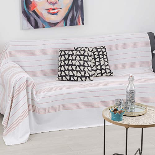Baroni Home Telo Copritutto in Misto Cotone, 3-in-1 Copriletto Estivo, Plaid e Copridivano, Telo Multiuso Singolo 170x260 cm - Righe Ecru