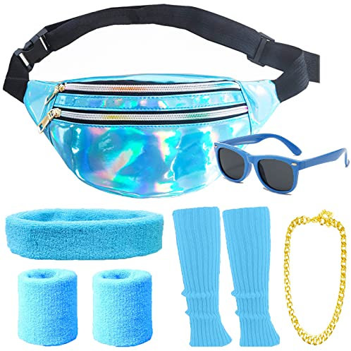 80er Jahre Accessoires Damen Herren Wasserdicht Bauchtasche 80er jahre Neon Beinwärmer Stirnband Armbänder 80er Jahre Kleidung Sport 90er 80er Jahre Outfit Damen Herren Accessoires Party Kostüm (Blau)