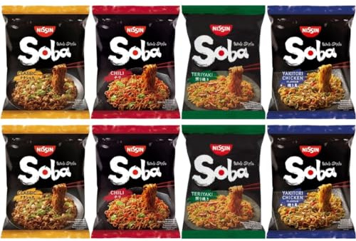 CNMART Noodles Instant Noodles Wok Style 8 portions Mélange de saveurs assorties (Classique, Chilli, Yakitori Chicken et Teriyaki)