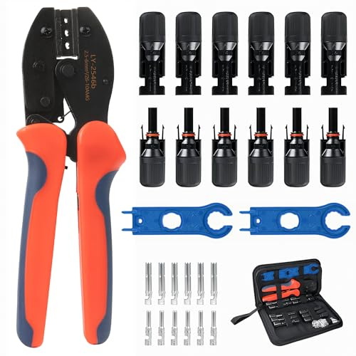 EIEVEY Kit Pinza Crimpatrice Solare per Cavi PV 2.5/4/6mm², 6 Coppie Connettori Solari Maschio/Femmina, 1 Crimpatrice, 2 Chiavi per Collegamento Cavi Fotovoltaici