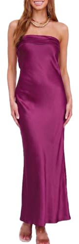 Realtix - Vestido Largo de satén y Seda para Mujer, sin Espalda con Sujetador Tipo bandó, Espalda Baja y diseño Hueco, Elegante, sin Tirantes, para invitadas a Bodas, Fucsia, M