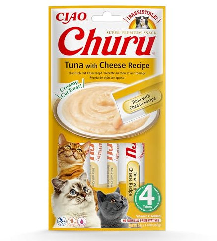 INABA Churu Püree Katzensnacks - Katzenpaste zum Füttern aus der Hand - Katzensticks mit Thunfisch & Käse - 4 Sticks x 14 g