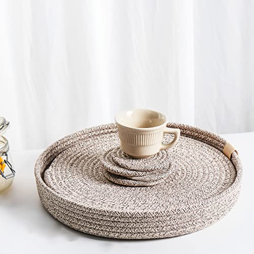 Art Pinecone Platzsets aus gewebtem Baumwollseil, rund, 4 Stück, mit Halter, rutschfest und hitzebeständig für Ihre perfekte Tischdekoration. (Braun gemischt, 33 cm Plus Untersetzer)