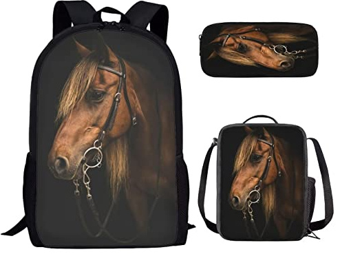 chaqlin garçon Fille Animal de Sac à Cartables Set,Brun Cheval imprimé Sac à Dos Grand Cartable Set avec Grand Porte - Stylo Pen Case, Enfants isolé Sac à Déjeuner Pack journée Loisirs de 3
