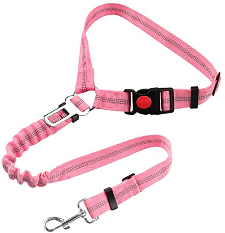 Sicherheitsgeschirr Hund, Einstellbar mit Elastischer Buffer, 360° Drehkarabiner Nylon Haustier Sicherheitsgurte Heavy Duty Auto Geschirr für Hunde (Sockeltyp, Rosa)