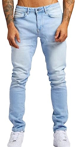 Oanviso Vaqueros Rasgados de Hombre Skinny Denim Jeans Vintage Pantalone con Cremallera Moda Casuales Elasticos Agujero Pantalón Largo Vaqueros Ajustados A Azul Claro S