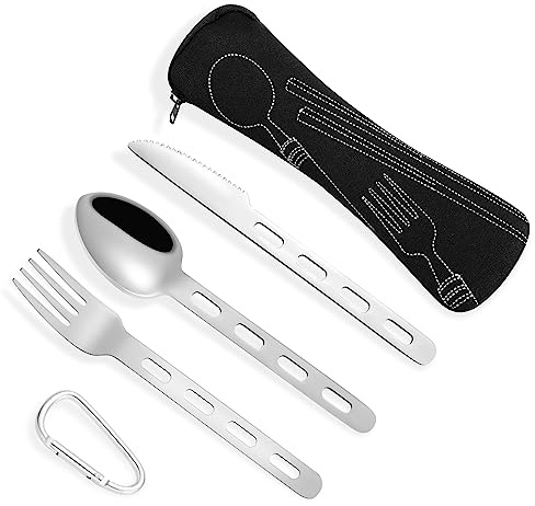 Fuyamp 3Pcs Camping Cutlery Set with Portable Pouch Case, Stainless Steel Flatware Camping Utensils Set for Knife, Fork and Spoon Set with Carabiner for Travel Hiking Picnic Office School | Stainless Steel Knife Fork Spoon Camping Utensils Set for Travel Hiking Picnic Office School