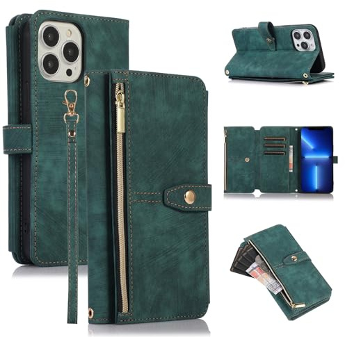 ZCDAYE Wallet Case for iPhone 15 Pro, Premium Leather Phone Case Women Ladies Holster with Card Slots Wrist Strap Zipper Flip Phone Cover for iPhone 15 Pro (6.06 inches), Green