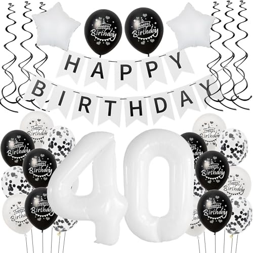 Luftballon 40. Geburtstag Schwarz weiß, Geburtstagsdeko 40 Jahre Mann Frauen Schwarz Ballon deko 40.Geburtstag Frau ,Riesen Folienballon 40 Happy Birthday Tortendeko 40 Frauen weiß