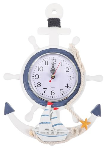 Warmhm Orologio da parete in legno, con ruota di controllo, vintage, in stile mediterraneo, orologio da parete con stella, nave di ancoraggio nautica, rete da pesca, orologio da parete per spiaggia e