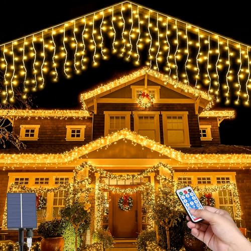 MXJFYY Luces de carámbano solar, 7M Impermeable Cortina de Luces, 32pcs*0.8M 256LEDs Cortina de Luces Solares 8 Modos Cadena de Luz con Control Remoto para Vacaciones Patio Jardín Boda