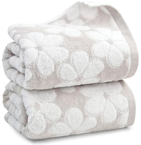 Jacquotha Soft Bath Towels 2 Pack, Super Absorbent Shower Towels 27.5x55 Inches, Cute Floral Jacquard Bathroom Set, Cotton, Light Beige