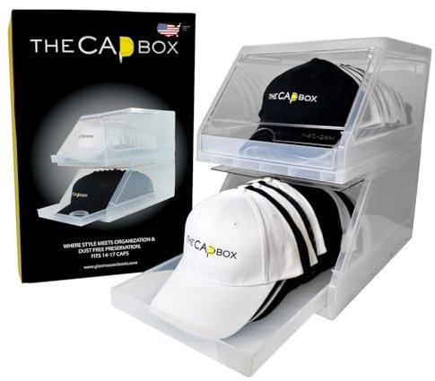 The CapBox 2.0 (2 Pack Clear) Hat Organizer for Baseball Caps, Stackable Sliding Tray Hat Rack Holder Hanger Cap Storage Container 2 Yr. Warranty Anti Tilting & Tray Stopper
