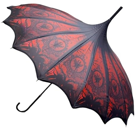 Gothic Rebel Pagoda Umbrella - Red Ritual Artisan Design with Bat Wing Scalloped Edges, Full Size Waterproof Windproof UV Protection Gothic Parasol with Carry Case
