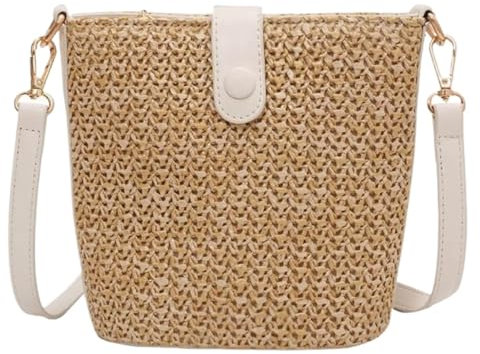 MEIZHITU Korbtaschen Damen Kleine Damen-Schultertasche Aus Stroh, Handgewebte Umhängetaschen Mit Riemen Sommer Strand Geldbörse(White)
