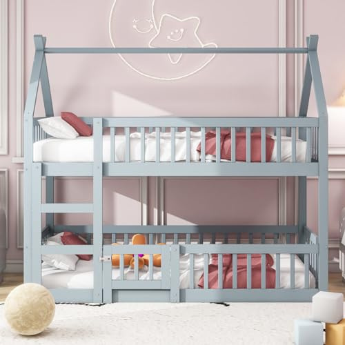 Etagenbett für 2 Kinder, 90x200 cm Kinderbett Bodenbett Hausbett mit Rausfallschutz und Lattenrost,Vollschutzgitter und Türen, Massivholz Doppelbett Stockbett Gitterbett Jugendbett,Ohne Matratze,Grau