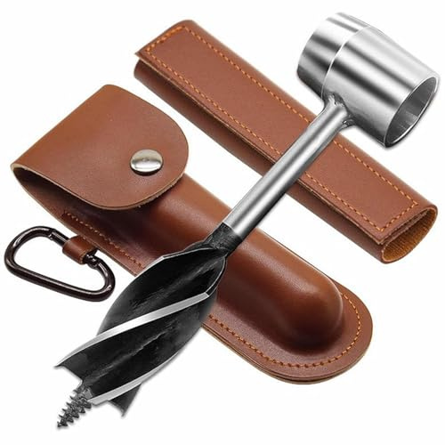 SOCOJE Hand Auger Wrench with Leather Sheath – Bushcraft Hand Auger Wood Drill, 4-Flute Self-Tapping Manual Hand Drill for Camping, Backpacking, Survival & Woodworking – Hardened Steel