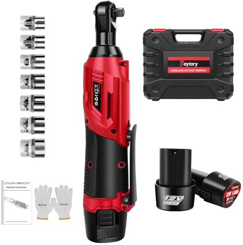 AUTOFU 12V Cordless Ratchet Wrench 3/8” Electric Cordless Ratchet, Torque 40N.m, Impact Gun with 2X1.5AH Battery & LED Light, Electric Ratchet Wrench with 7 Sockets, 1H Fast Charge & Carry Case, Red
