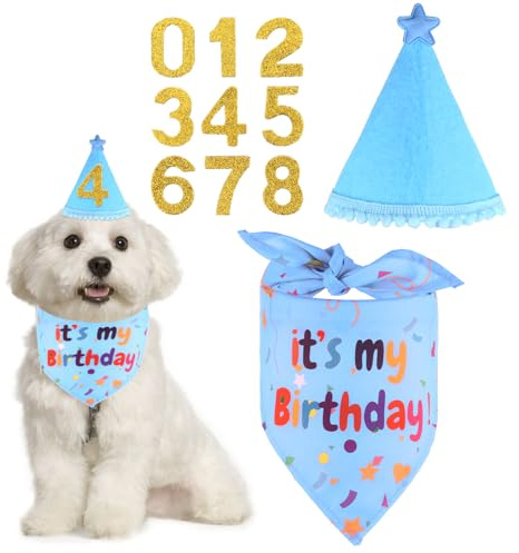 3 Stücke Hunde Geburtstag Deko, Hut Bandana Mütze mit 8 Bling Nummern Krawatte Halstuch Zubehör Set