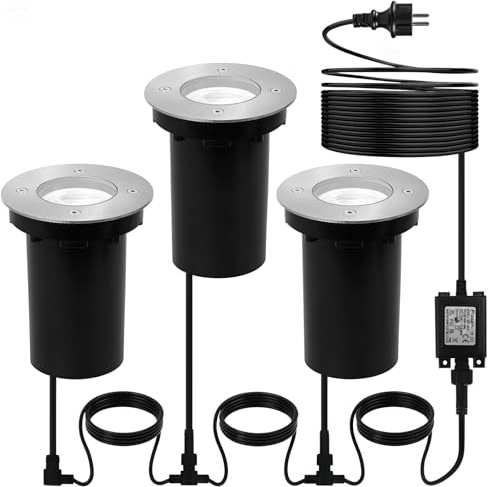 JNR 3 Stück 12V Edelstahl Bodenstrahler Außen IP67 Wasserdicht mit LED 3 * 4w MR16 Warmweiß, Bodeneinbaustrahler Aussen Bodenleuchten Außen, Silber