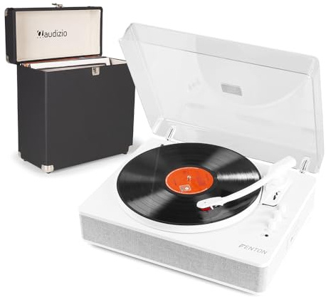 Fenton Modern Record Player with Built-In Speakers and Bluetooth Output, Vinyl Player, MP3 Playback, Portable White Turntable inc Record Case, 3-Speed Retro Audio System