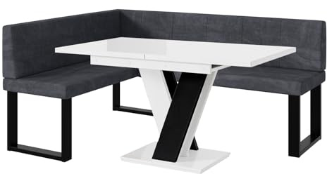 MEBLINI Eckbank für Esszimmer mit ausziehbarem Tisch - Küchenbank - Essecke - Sitzecke Küche - Peter - U-Beine 128x168x87cm Links - Dunkelgrau Samt/M Weiß-Schwarz Hochgl.