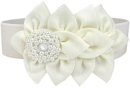 Anevous elastiskt bälte för kvinnor, 6 cm brett höftbälte med blomma, mode och sött midjebälte, stor blomma höftbälte, justerbart dambälte för kvinnor, 62 cm,, Vit, 85 cm
