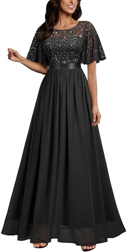 MIUSOL Women's Elegant Flutter Sleeves Lace Sequin Prom Bridesmaids Party Gown Formal Maxi Dress
