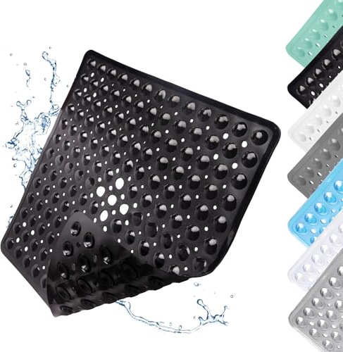 Duschmatte rutschfest, 53x53cm Antirutschmatte Dusche mit Saugnäpfen, Badewannenmatte Duschmatte, Kieselstein Design, Duschmatte mit Abflusslöchern, für Dusche Oder Badewanne, Schwarz