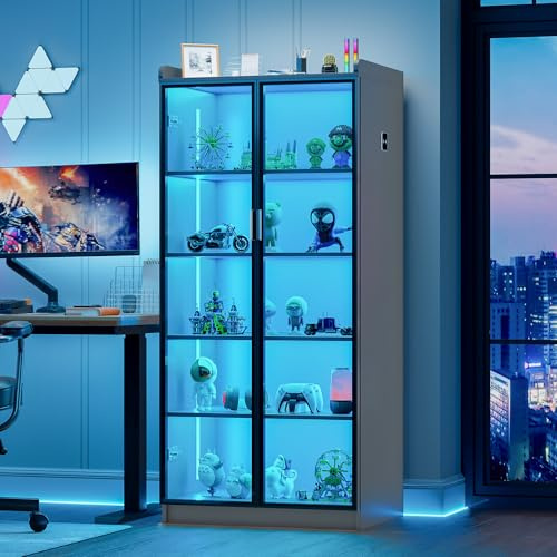yoofun 65 Display Cabinet with Acrylic Double Doors & Adjustable Shelves | 5 Tier Curio Tall Storage Cabinet with Lights Transparent Figures Display Case for Living Room Office,Grey