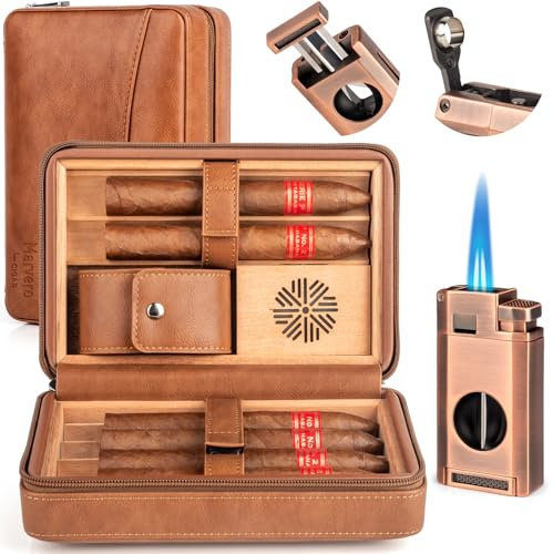 Cigar Humidor, Leather Cedar Wood Cigar Case, Travel Cigar Case with Cigar Lighter, Humidifier, Cigar Cutter, Cigar Punch 3-in-1 | Portable Travel Cigar Humidor, Cigar Accessories Set for Men (Walnut)