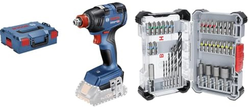 Bosch Professional 18V System Akku Drehschlagschrauber GDX 18V-200 (inkl. L-BOXX, ohne Akku/ Ladegerät) + 35x Extra Hard Schrauberbit‑ und PRO Wood Bohrer-Set (197 x 110,5 mm, Zubehör)