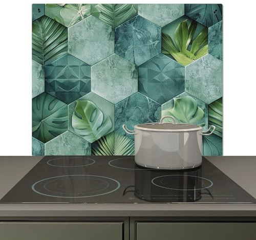 KitchenYeah© Spritzschutz Herd Küchenrückwand Vinyl Küchen Zubehör | 65x52 cm - Küchenwand, Herdabdeckplatten für Ceranfeld Kacheln - Mosaik - Grün - Blätter - Modern