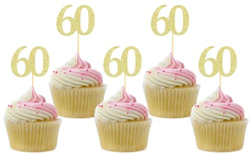 Sotpot 30PCS Gold Glitter 60th Birthday Cupcake Toppers Cheers to 60 Years Cupcake Picks for 60th Birthday Anniversary Party Decorations